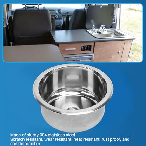 Image of 9 Inch RV Round Sink 5L Capacity Wash Basin 304 Stainless Steel RV Motor Home Sink Flush Mounted with 40mm /1.57in Drain for Rvs,Yachts, Boats, Kitchen