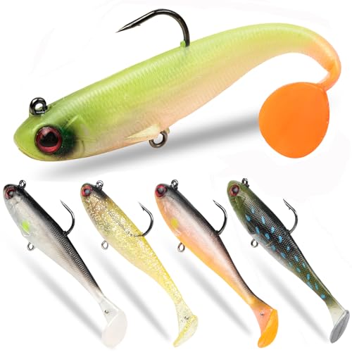 Gibtikoy 5 Pcs Pre-Rigged Fishing Lures, 3.5In Paddle Tail Jig Heads Swim Bait, Realistic Movement Easy Catch Fishing jigs Lure, Fishing Baits for Freshwater Saltwater Bass Trout Baits