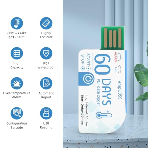 Geroosaty 1 Stück TempU05s USB-Temperaturdatenlogger, 60 Einmalgebrauch, Temperaturanalysator, PDF-Bericht, USB-Temperaturlogger