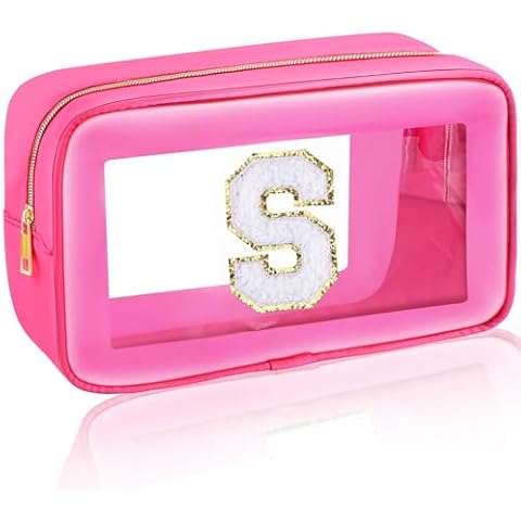 URSKYTOUS Initial Clear Makeup Bag Large Travel Toiletry Bag Personalized Preppy Cosmetic Bag Chenille Letter Makeup Pouch Portable Cute Waterproof Zipper Skincare Storage Bag Organizer for Women S Cover