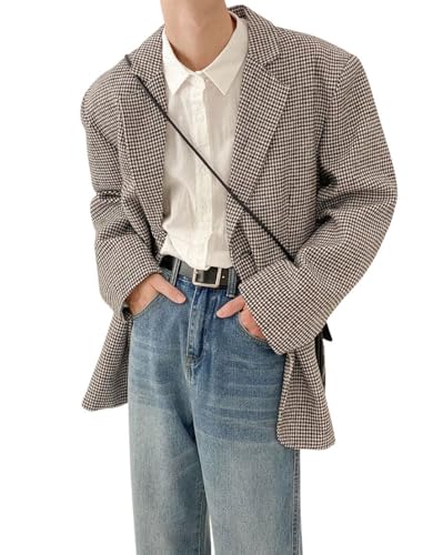 chouyatou Men's Plaid Pattern Wool Blazer Sports Coat Casual Notched Lapel Single Breasted Wool Pea Coat