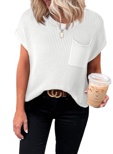 Dokotoo Womens Fashion Juniors Fall Summer Shirts and Blouses for Women 2025 Trendy Pullover Sweaters T-Shirts Cap Sleeve Tunic Tops Loose Tee Shirts White Medium