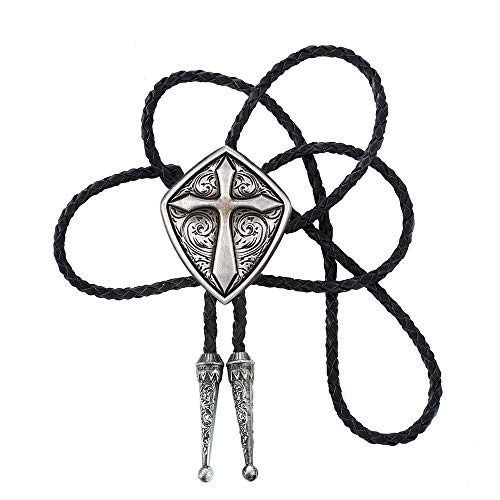 Qqa Cowboy Western Tie Bolo Tie For Men Vintage Shield With Handmade Black Leather,Silver #TOP11