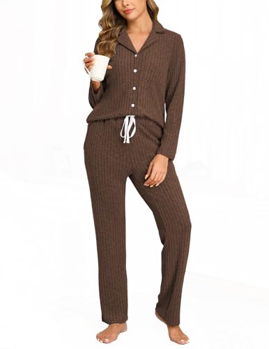 Image of Veseacky Women's Ribbed Knit Pajamas Set 2 Piece Warm Soft Loungewear Sleepwear Pjs S-XXL