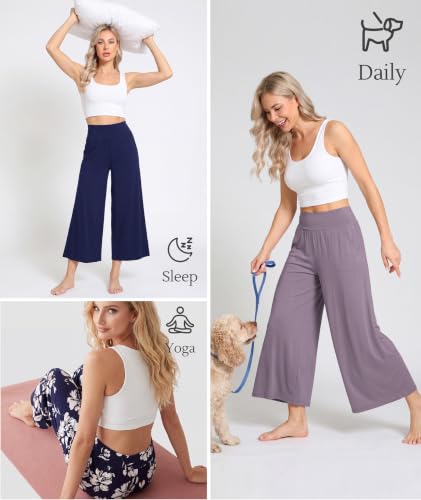 Image of GYS Bamboo Viscose Wide Leg Gaucho Cropped Pants, High Waist Capris Cloud-Soft Pajama Pants with Pockets, Flowy Yoga Pants