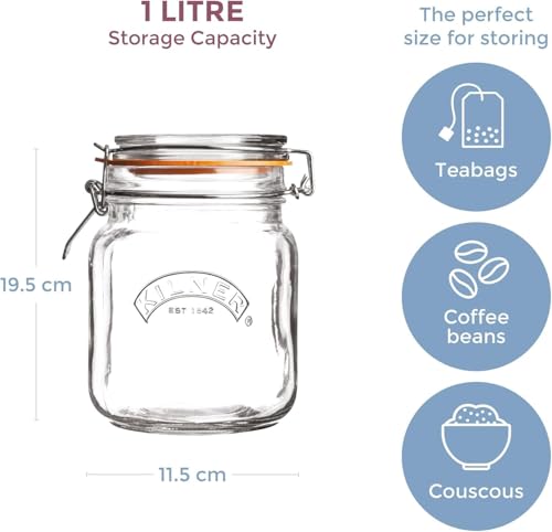 Image of Kilner Premium 2 x 1 Litre Borosilicate Airtight Square Wire Clip Top Food Storage Container Jar for Kitchen | Multipurpose, BPA Free, Reusable | For thinKitchen