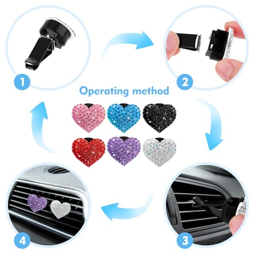 Image of 6-Pack Bling Rhinestone Car Vent Clips, Heart-Shaped Sparkle Air Freshener Decor for Women, Universal Fit for Cars, SUVs, Trucks (White, Pink, Red, Black, Purple, Blue)