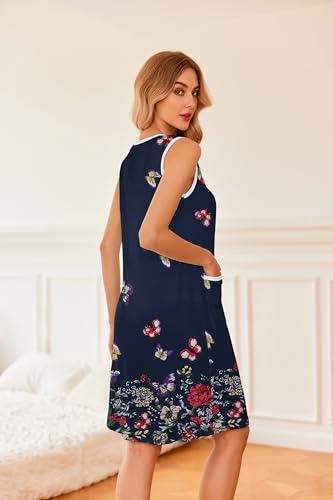 Image of Ekouaer Nightgowns for Women Button Down Sleep Shirts Tank Sleeveless Nightshirt Soft Sleepwear with Pockets, Navy Butterfly, Large