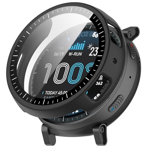 Image of Wisely Electroplate Shine Protective Slim Bumper Tempered Glass Case Cover Compatible with Amazfit Active Max - Luxury Black