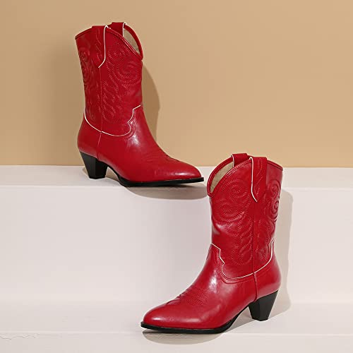 Image of Womens Embroidered Cowgirl Boots Pull On Cowboy Boots for Women Floral Low Chunky Heel Western Boots