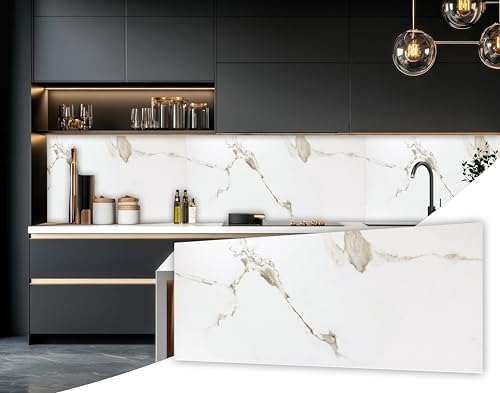 Marble Effect Look Panels for Kitchen,Bathroom and Shower Wet Walls Areas, Tile Splash Back Cover Tiles (White 2 Panels)