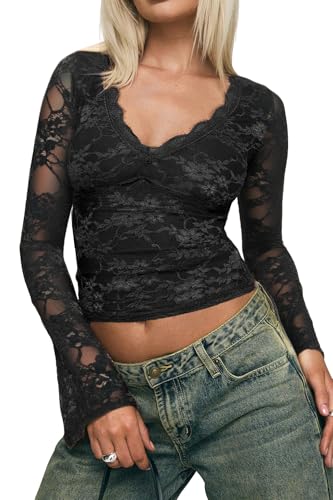 INFITTY Women's Lace Bell Sleeve Crop Tops V-Neck Long Sleeve Shirts Double Lined Slim Fit Blouses Outfits
