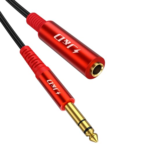 J&D Cable de Extensión 6.35 mm, Estéreo Macho a Hembra, Conectores Chapados en Oro, PVC Duradero y Cobre, Extensor de Audio Profesional para Auriculares, Guitarras, Cine en Casa, Rojo, 0.9 m