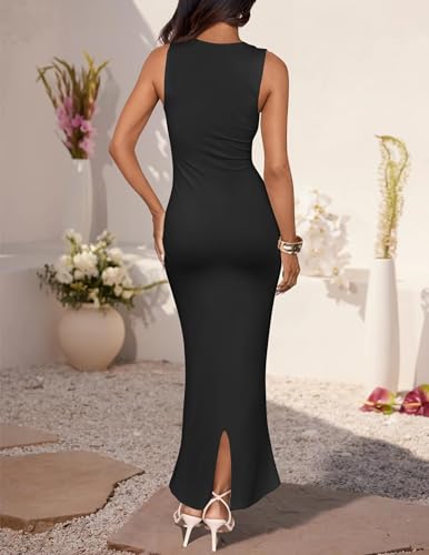 ZESICA Women's Summer Bodycon Midi Dress Sleeveless Square Neck Slim Fit Back Slit Long Cocktail Party Dresses4