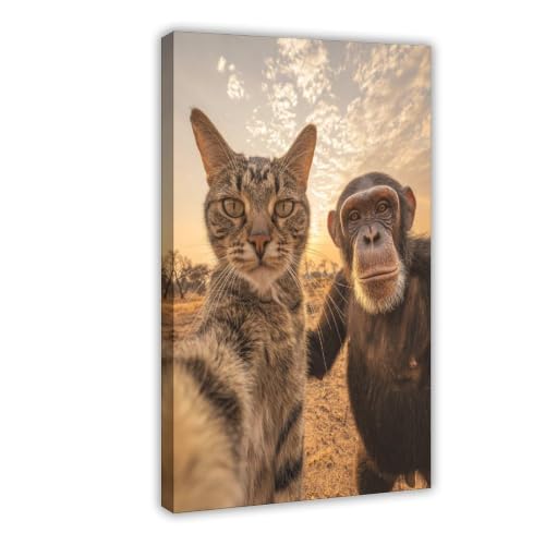 Toile chat et chimpanzé ludique, idée cadeau déco originale