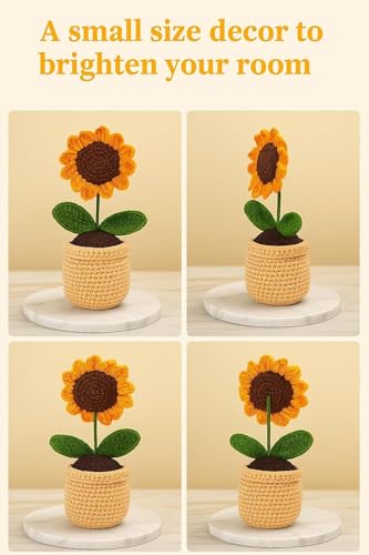 Image of Handmade Crochet Sunflower Pot - Eco-Friendly Knitted Flower Plant for Home Decor, Cute Crochet Flowers for Office Desk, Table Decor & Gift Item (White)