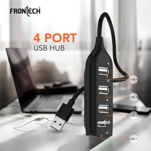 Image of Frontech USB Hub with 4 Port | Switches & LED Indicators | Extra Power Support|480 Mbps Speed - Each Port|Fuse Protection for PC, USB Flash Drives (NC-0056)