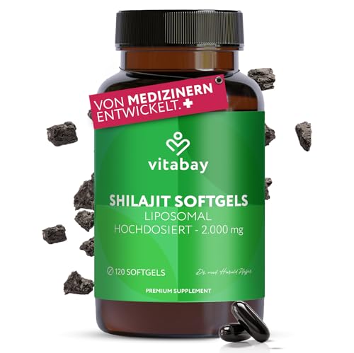 Vitabay Mumijo Shilajit Kapseln 120 vegane Softgels hochdosiert mit 2.000 mg liposomalem Shilajit pro Tagesdosis 80% Fulvinsäure & 12% Huminsäure laborgeprüft in Deutschland