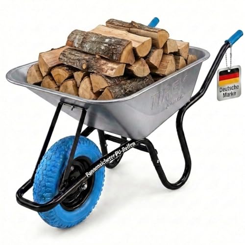 TIREX by xonic® Schubkarre mit Stahlfelge – Verzinkte Wanne bis 250kg/ 100l - Robuste Ausführung für Garten und Blau – Schieb-Karre mit PU Vollgummi-Rad - Blau- Silber