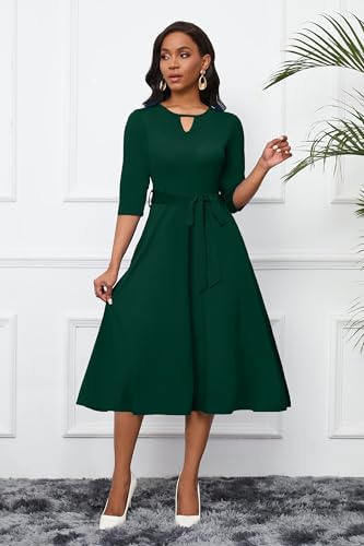 Image of CLOCOR Midi Dresses for Women Casual A-Line Fit and Flare Dress Crewneck 3 /4 Sleeve Keyhole Cocktail Party Church Dress
