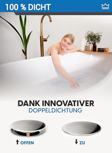 FEINER® [2-TLG.] Badewannenstöpsel Universal Passform - Badewannen Stöpsel Verschluss Ø 72 mm - Rostfrei Verstellbarer Stöpsel Badewanne - für Jede Badewanne Dicht + GRATIS Alternativdichtung