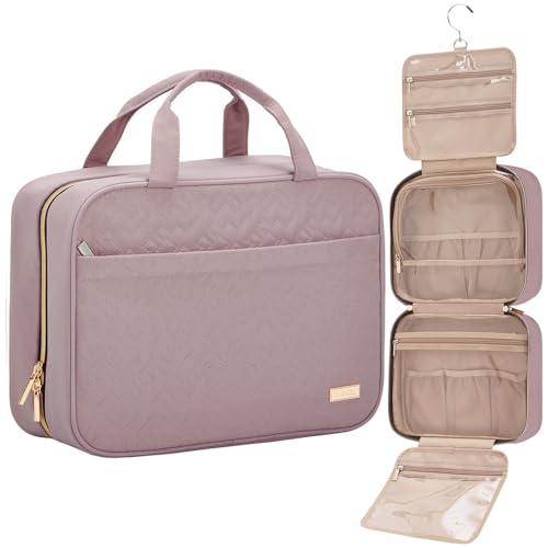 Image of NISHEL Travel Toiletry Bag for women, Portable Hanging Organizer for Family-Sized Shampoo, Conditioner, Brushes Set, Makeup Accessories, Extra Large Size, Peach Pink