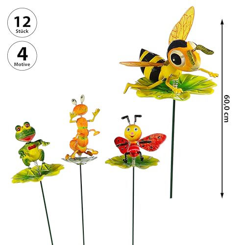 4er Set Blumenstecker Tiere auf Blatt | H60cm Eisen Polystyrol bunt | Biene Frosch Raupe Marienkäfer beweglich | Gartendeko (4)