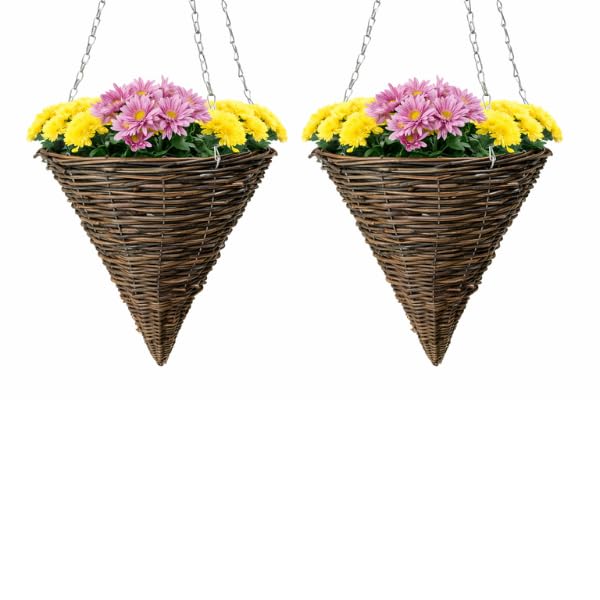 Garden Mile Set of 2 12” Cone Hanging Flower Baskets – Rattan Wicker Planters with Liner & Chain – Outdoor Hanging Plant Pots for Garden, Balcony & Patio Decoration