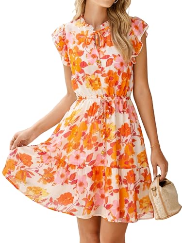 Image of Simplee Womens Summer Dress 2026 V-Neck Drawstring Ruffle Cap Sleeve Side Pockets Floral Short Dress Flowy Sundress(Orange Floral M)