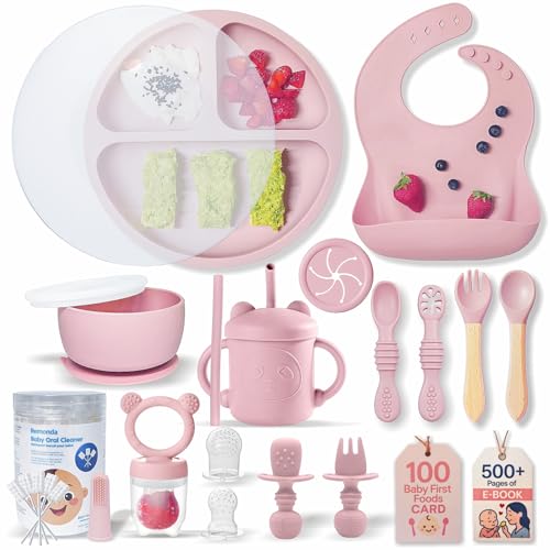 Image of Remonda 23-Piece BPA-Free Silicone Baby Feeding Set | Extra Large Suction Plates, Toddler Bowls, Self Feeding Spoons, and More | Dishwasher Safe| Baby Led Weaning Supplies (Pink)