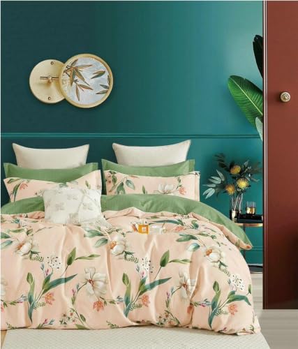 Image of Cotton Feel Glace Cotton Double Bed Fitted Bedsheet Set || Includes 1 Elastic Bedsheet King Size & 2 Pillow Covers (78 x 72 Inches, Botanica)