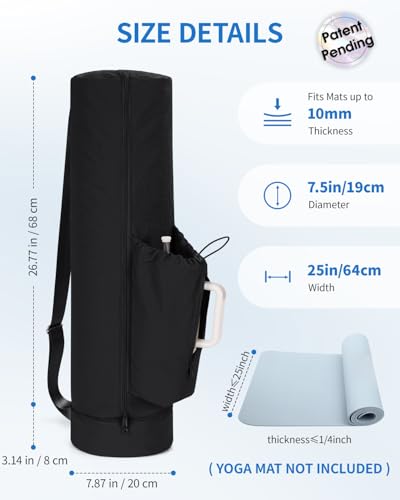 sportsnew Puffy Yoga Mat Bag Yoga Gym Bags for Women Men, Full-Zip Pilates Bag with Wet Pocket & Side Zip Drawstring Pocket Fits Tumblers with Handle, Yoga Mat Storage for Quick Access, Black - Thumbnail 5