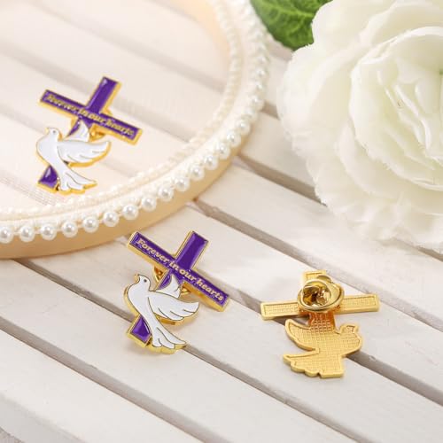 Misdary 25 Pack Funeral Favors Pins Bulk for Guests Memorial Forever in Our Hearts Dove Cross Lapel Pin Memorial Mourning (Purple) - Thumbnail 3