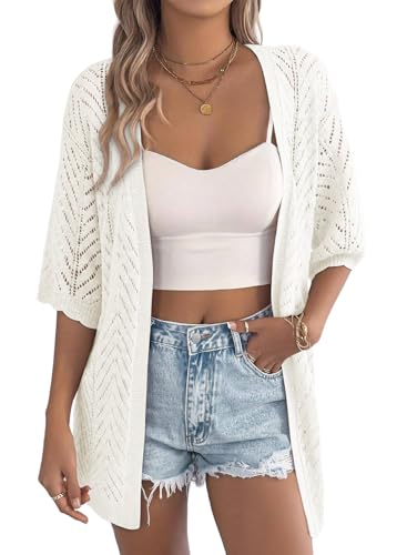 EVALESS Cardigan Sweaters for Women Crochet Short Sleeve Open Front Knit Kimono Boho Cardigans Lightweight Hollow Out Tops 2026 Spring Trendy Clothes Beach Vacation White Medium