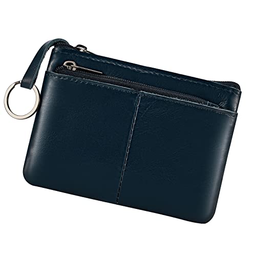 Porte-monnaie pochette portefeuille en cuir véritable à triple fermeture éclair avec porte-cartes et porte-clés, noir foncé, Pochette à monnaie