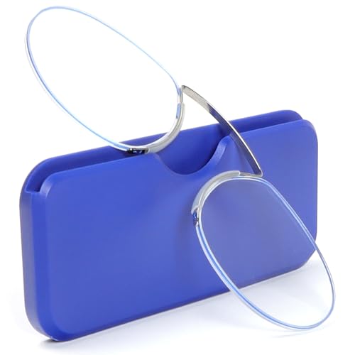 MMOWW Gafas de Lectura con Estuche Compacto Universal para Hombres y Mujeres, Monóculo Ultraligero de Ayuda a la Lectura Mini Clip Nasal Envoltura de Alambre sin Montura (Azul, +1.5)
