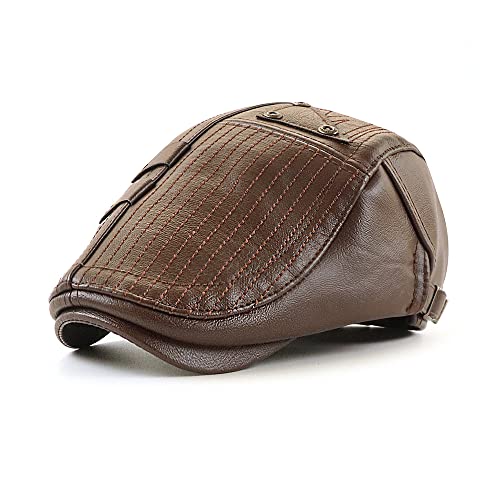 Ueither Casquette Plate Homme Chapeau Réglable Plate Béret en PU Cuir 56-60cm (Café Clair) Cover
