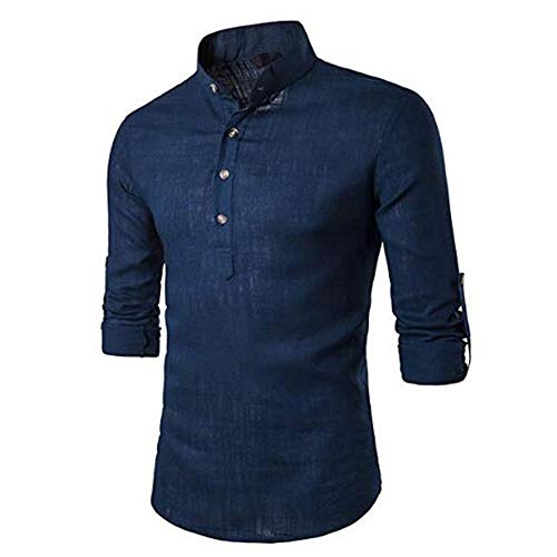 VERAVANT Chemise Homme Unie Manche Longue Lin Col Mao Slim Fit (XL, Bleu Marine) Cover