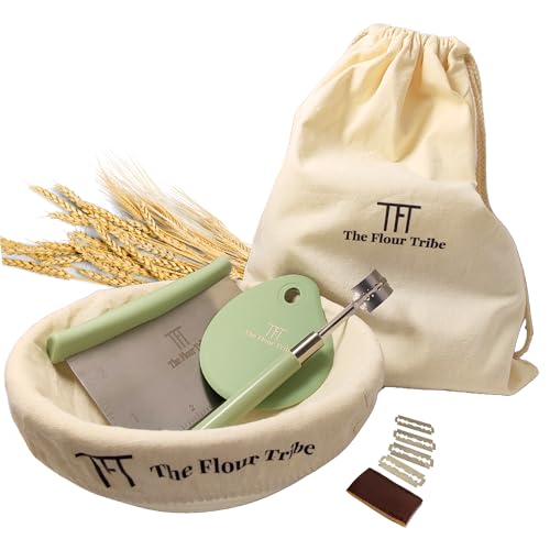 Banneton Bread Proofing Basket Set: Sourdough Starter Kit - 9 inch Round Rattan bowl, Scoring lame, dough scraper, bread bag, Sourdough Bread Baking Supplies Tools - Baking gift set