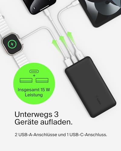 Belkin prijenosni punjač, ​​20.000 mAh, 20K Power Bank s ulazom/izlazom i 2 USB-A priključka s USB-C/USB-A kabelom za iPhone, Galaxy, Pixel, iPad, AirPods i druge uređaje - crni