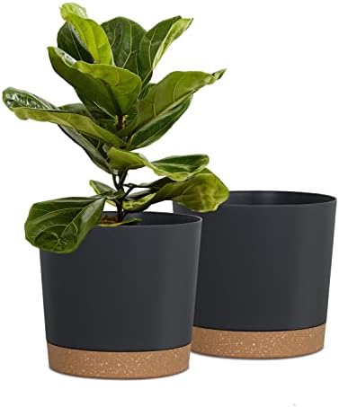 kubvici Plant Pots for Indoor Plants, 2 Pack 8 Inch Plastic Flower Pot Planters with Drainage Saucer for Indoor Outdoor Garden Home (8” Black)