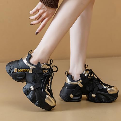 Women's Genuine Leather Platform Sneakers - 5.5CM Lightweight Thick Sole Retro Fashion Walking Shoes, Non-Slip Gym Casual Shoes for Travel, Work, Comfort Daily Wear (Gold/Black)3