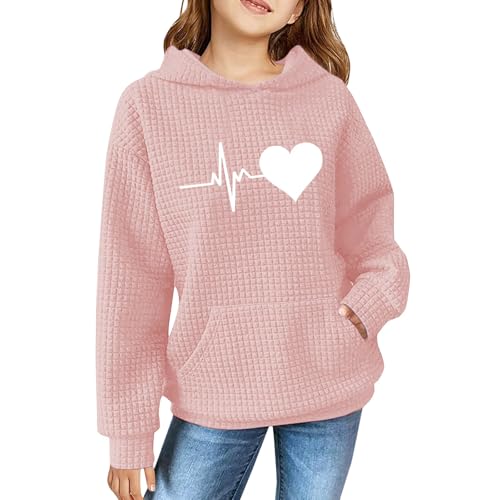 Sweatshirts for Teen Girls Cute Heart Graphic Print Waffle Sweaters Long Sleeve Plain Pullover Tops with Pocket