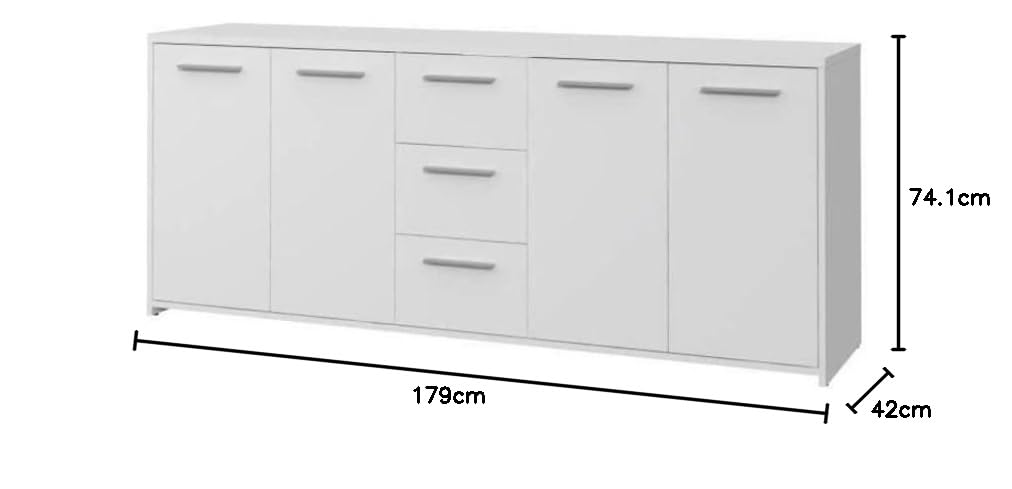 Forte PILVI Sideboard 180, Großes Sideboard mit 4 Türen und 3 Schubladen, Holzwerkstoff, Weiß, 179 cm breit, 74.1 cm hoch, 42 cm tief