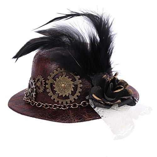 KAMONDA Hat,Halloween Gothic Mini Top Hat Steampunk Gears Chain Feather Cosplay Hair Clip,20x24cm, Red - Image 2