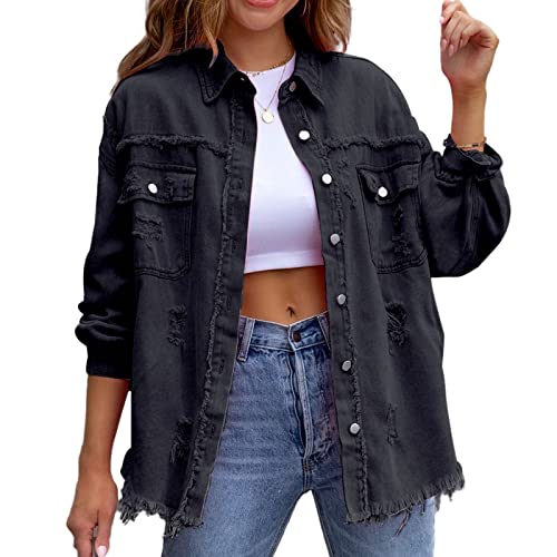 HOTIAN Damen Jeansjacke jeansjacken für damen übergangsjacke damen Vintage Jean Mantel Übergangs Ripped Denim Jacken Black M