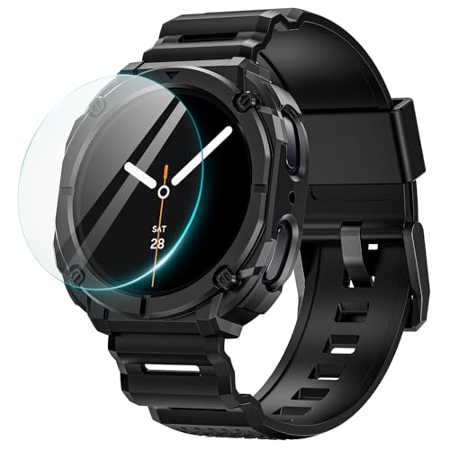 Goton Rugged Band for Samsung Galaxy Watch 8 44mm Case with Band & Screen Protector for Galaxy Watch 8 44mm Soft Strap with Rugged Protective Cover for Men - Black