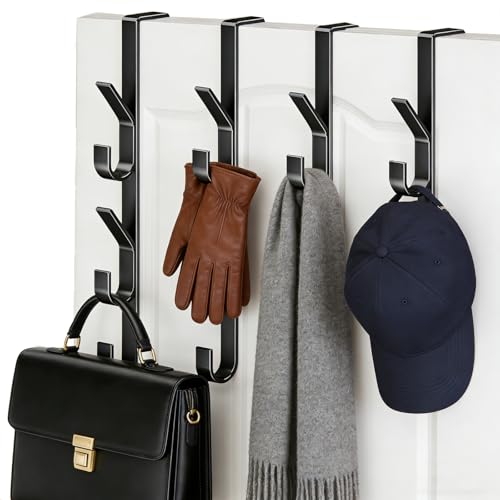 YiZhou Over Door Hangers 4-Pack Heavy Duty Carbon Steel Vertical Door Hooks for Towels & Coats&Clothes&Hats& Bags No Drill Overdoor for Bedroom & Bathroom Holds 10kg (Black)