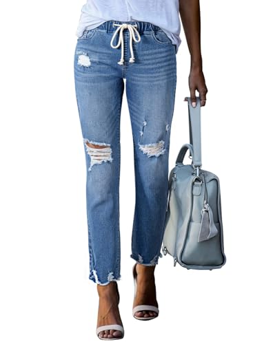 Sidefeel Women's Zimbaplatinum Drawstring Jeans High Waisted Ripped Boyfriend Pull On Denim Joggers Trousers