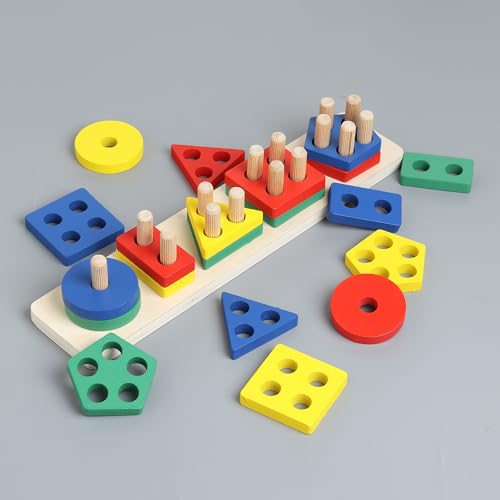 Eunera Toys for 2 Year Old Boy Girl for Ages 2-4 0-2 Toddlers Kids Baby, 1 2 Year Old Boy Girl Birthday Gifts, Wooden Stackable Blocks Learning Puzzle Shape Sorter Toys for Toddlers 1-3, 20 Pcs